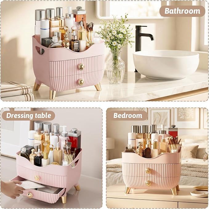 Makeup Organizer Countertop, Large Capacity Skincare Cosmetic Organizer for Vanity with 2 Drawers, Cosmetic Display Cases Makeup Storage Box for Bedroom, Bathroom, Ideal Gifts for Women(Pink)
