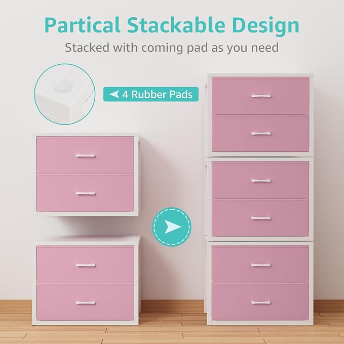 BOLUO Stackable Storage Drawers Closet Organizers and Storage Fabric White 2 Drawer Dresser for Bedroom Modern Pink