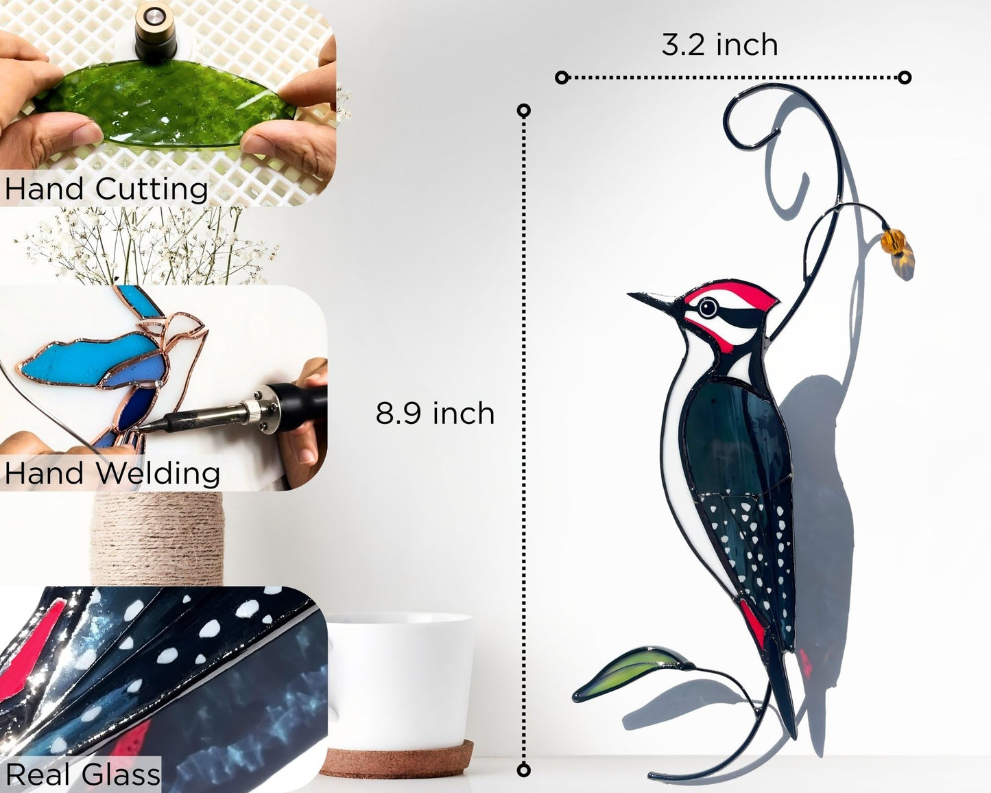 AuroAura Woodpecker Stained Glass Window Hanging for Women, Mom, Grandma - Handmade Real Glass Bird Suncatcher - Elegant Gifts Box Home Decor (H8.9xW3.2 inch)