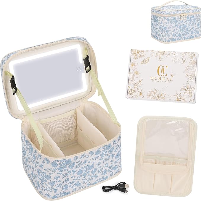 OCHEAL Large Makeup Bag With LED Mirror, Lightweight Travel Makeup Bag With 3 Color Setting Light Up Mirror Cosmetic Makeup Organizer Vanity Case for Women Beauty Tools Accessories Train Case-Floral