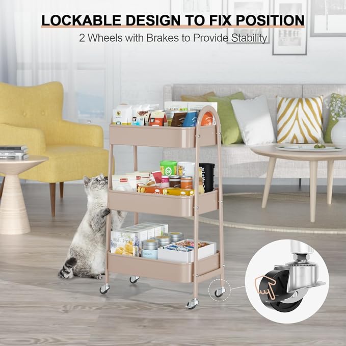 EAGMAK 3 Tier Utility Rolling Cart, Metal Storage Cart with Handle and Lockable Wheels, Multifunctional Storage Organizer Trolley with Mesh Baskets for Kitchen, Living Room, Office, Garage (Beige)
