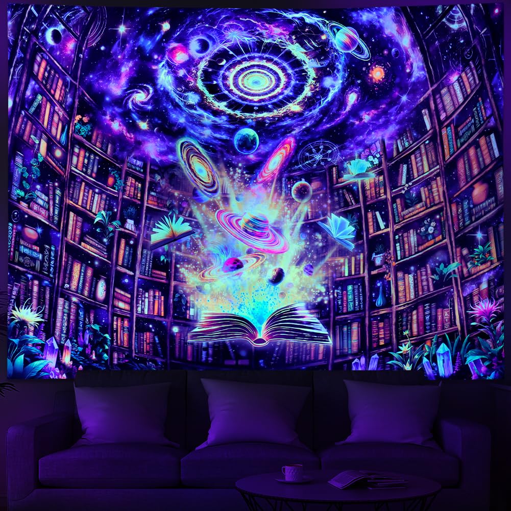 Serborlur Blacklight Bookshelf Tapestry UV Reactive Galaxy Space Library Tapestries Magical Book Planet Bookcase Backdrop Neon Universe Nebula Tapestry Wall Hanging for Bedroom Dorm Classroom