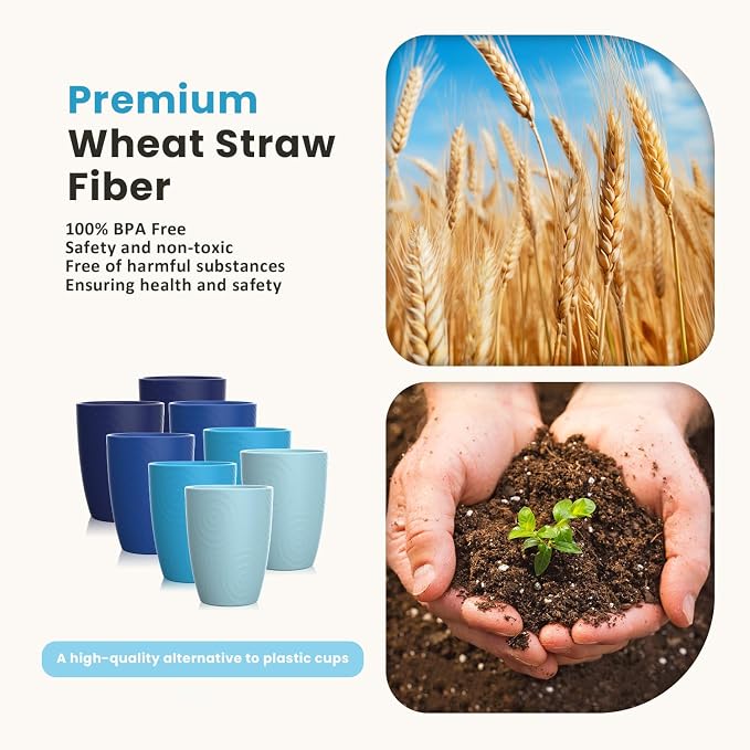 Homienly Wheat Straw Cups Set of 8, 12oz Drinking Cups, Plastic Cups Reusable Dishwasher Safe, Water Cup Set for Juice, Milk, Coffee - Ocean