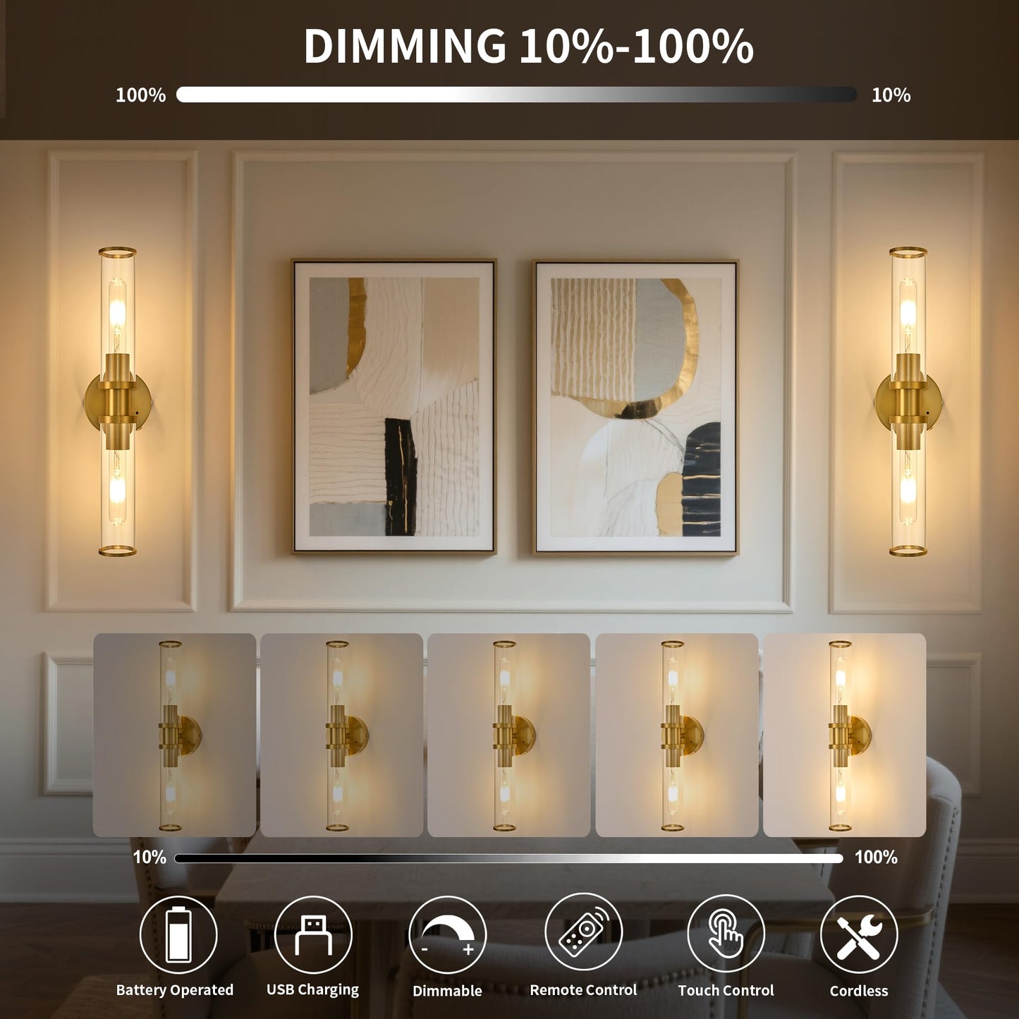 8000mAh Wireless Wall Sconces with Remote Control, Battery Operated Wall Sconce Set of 2 with Timer, Gold Rechargeable Dimmable Wall Lights for Living Room Bedroom Hallway Entryway 3000K, 20.5 Inch