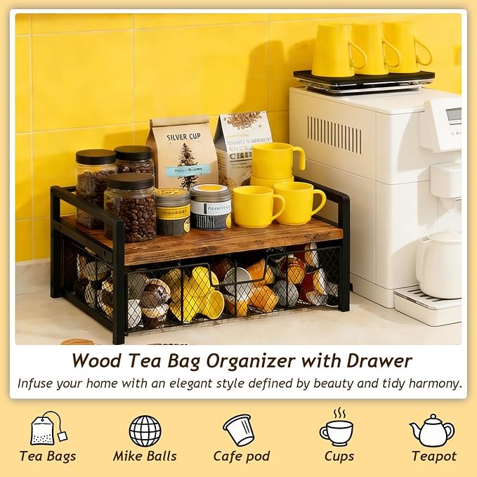 Tea Bag Organizer, Tea Bag Organizers and Storage with Drawer, Tea Bag Holder Natural Wood & Metal with 8 Compartments, Tea Storage Chest Container Box for Countertop Kitchen with 4 Hooks