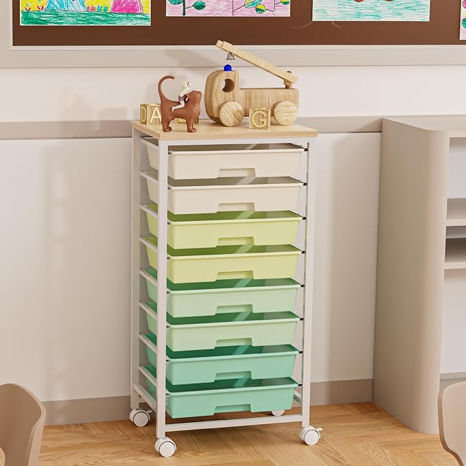 Rolling Storage Cart with 8 Drawers & Wooden Tabletop, Utility Cart On Wheels for Craft Storage, Home, School, Bedroom, Living Room, Dorm, Office, Classroom Storage Organizer Cart, Green, White