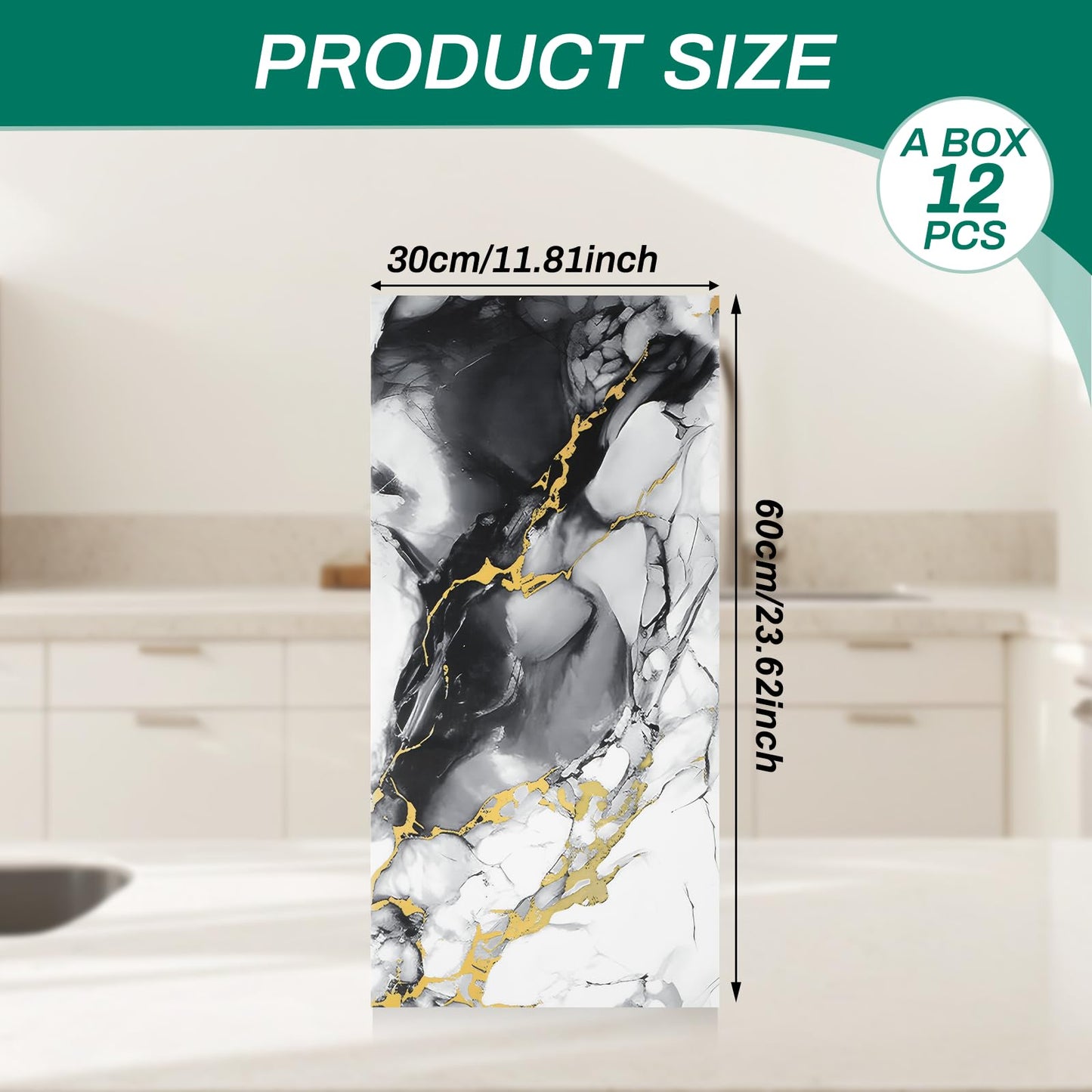 12pcs White and Black Marble Peel and Stick Tiles 23.6"x11.8" Waterproof Heat Resistant Self Adhesive Removable PVC Wall Panels for Kitchen Backsplash, Bathroom, Laundry (Not Real Tile, Not for Floor)