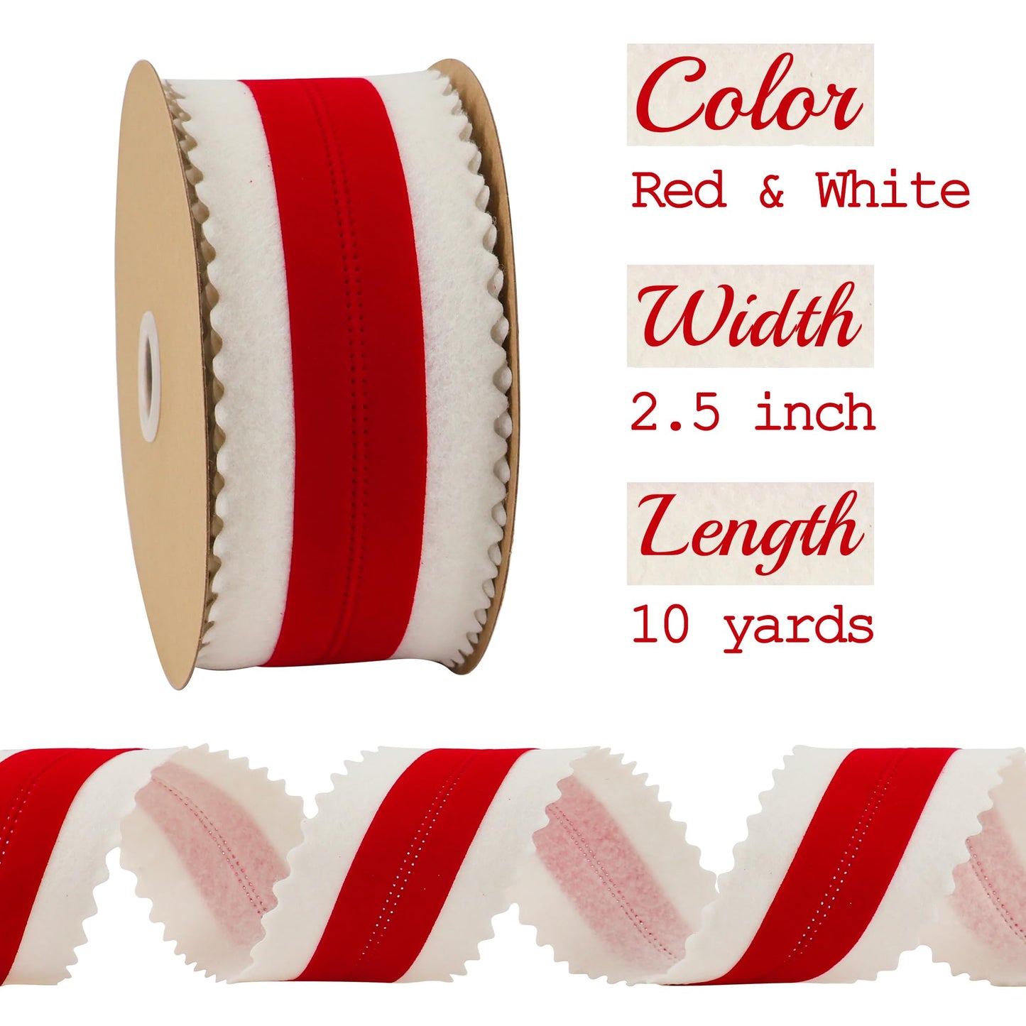 MEEDEE Christmas 2.5 Inch Gift Wrap Ribbon 10 Yards Wired Felt Ribbon White with Pink Velvet Middle Rickrack Cutout Ribbons for Christmas Tree Decoration, Topper Bow, Garland