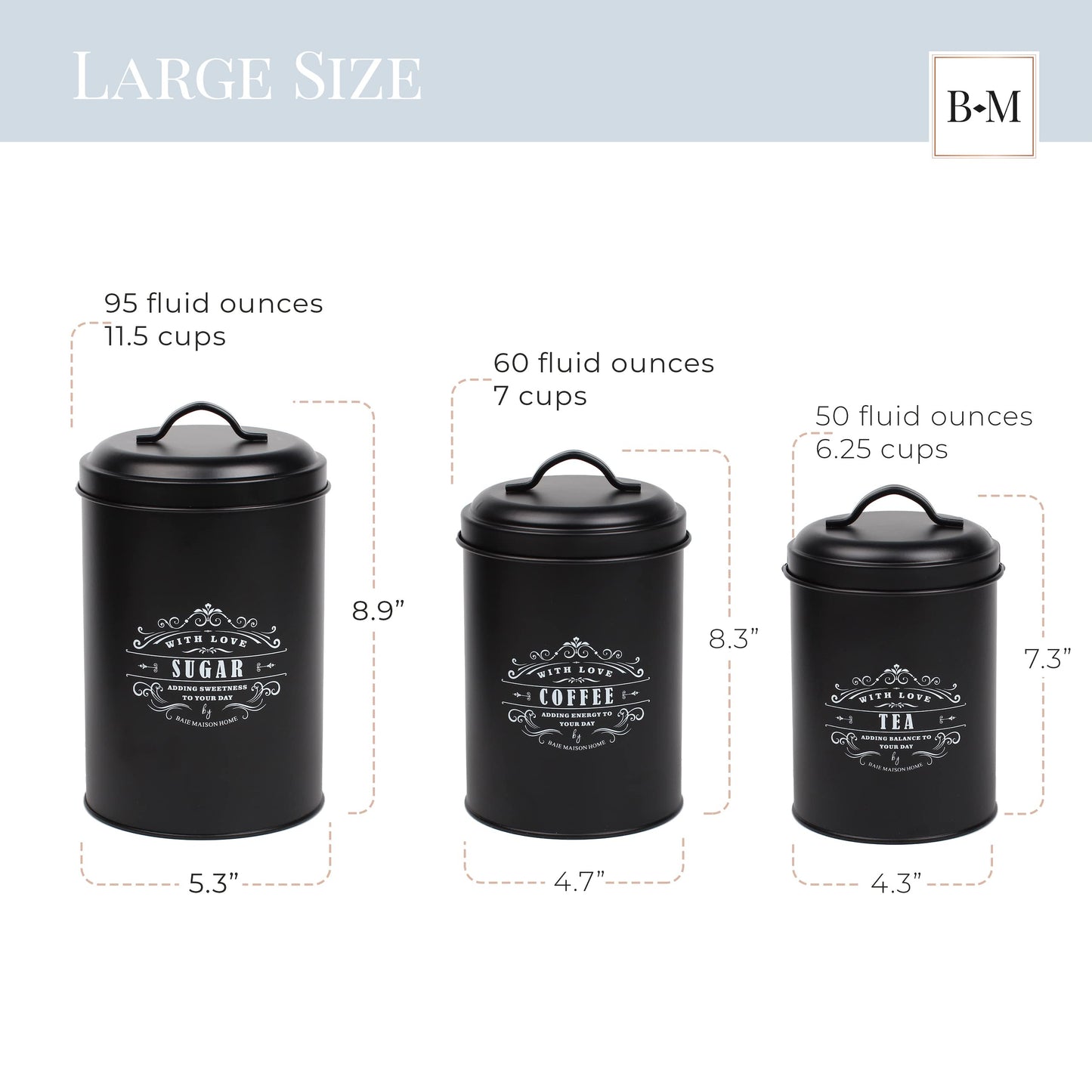 Baie Maison Large Black Kitchen Canisters Set of 3 - Farmhouse Canister Sets for Kitchen Counter - Coffee Tea Sugar Container Set - Rustic Kitchen Canisters for Countertop - Metal Kitchen Decor Jars