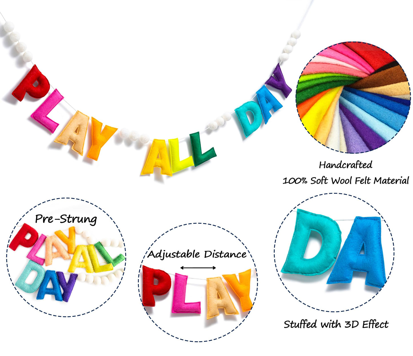 Pre-Strung Rainbow Play All Day Felt Banner Reusable Play Sign Play All Day Wall Hanging Felt Garland for Kids Nursery Playroom Wall Decor Boys Girls Playhouse Decor Toy Room Classroom Decoration