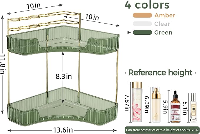 BEFSOP Corner Bathroom Counter Organizer, Upgraded 2-Tier Makeup Organizer Countertop with Makeup Brush Holder, Skincare Exquisite Vanity Organizers Countertop Bathroom Storage Dresser(Green)
