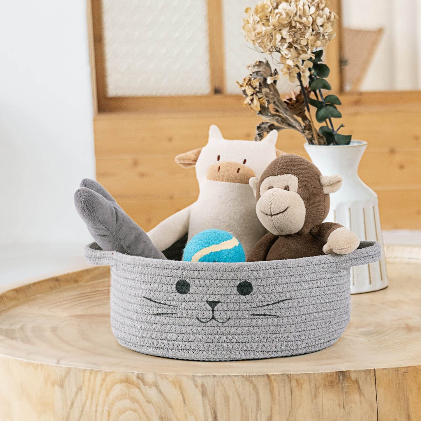 HiChen Small Woven Rope Storage Basket, Cute Cat Toy Basket for Living Room, Baby Baskets for Nursery, Gift Baskets Empty for Baby Shower, Grey, 9.8 x 4 inches