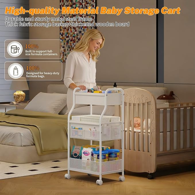 3-Tier Diaper Caddy Organizer & Rolling Cart,Metal Utility Cart with 4+2 Dividers & Lockable Silent Casters, Mobile Storage Cart for Nursery Essentials, Multi-Purpose for Kidsroom Changing Table