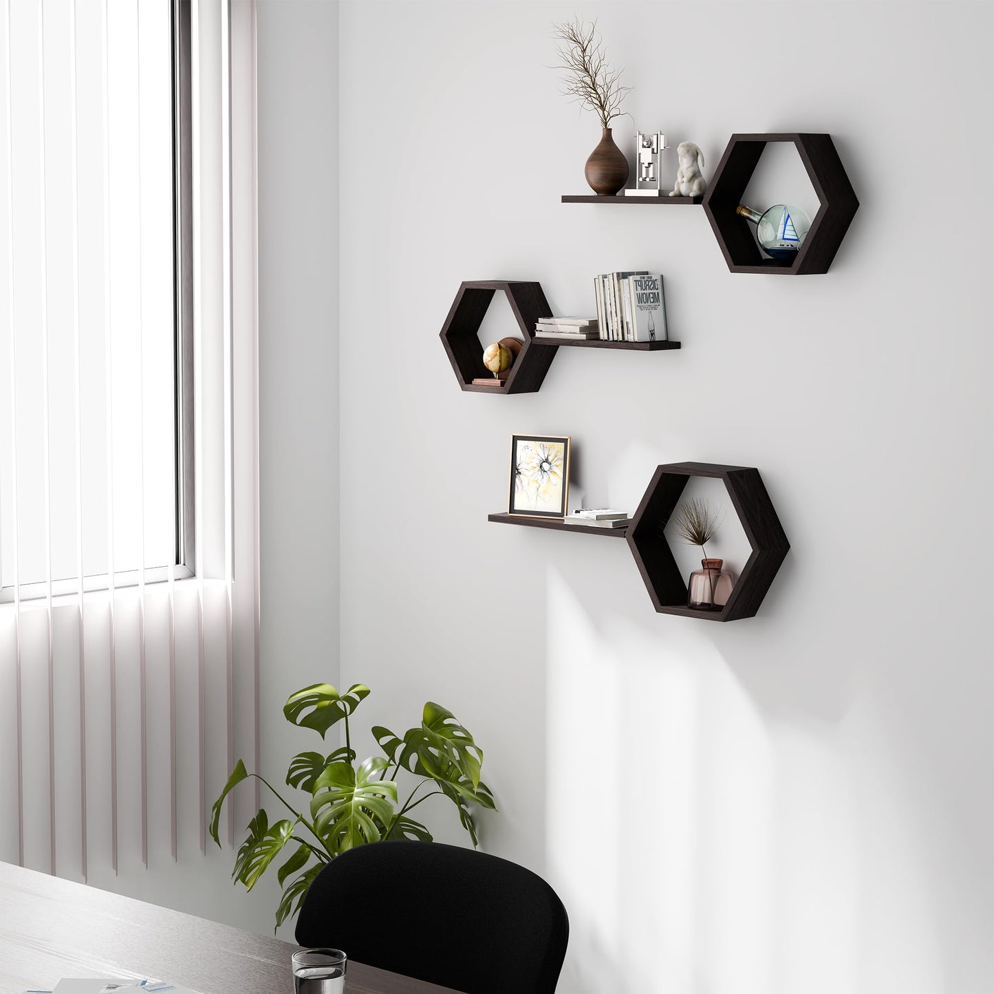Decovate Hexagon Floating Shelves Set of 6 Honeycomb Shelves for Wall, Wooden Hexagon Shelves for Farmhouse Storage (Rustic Brown)