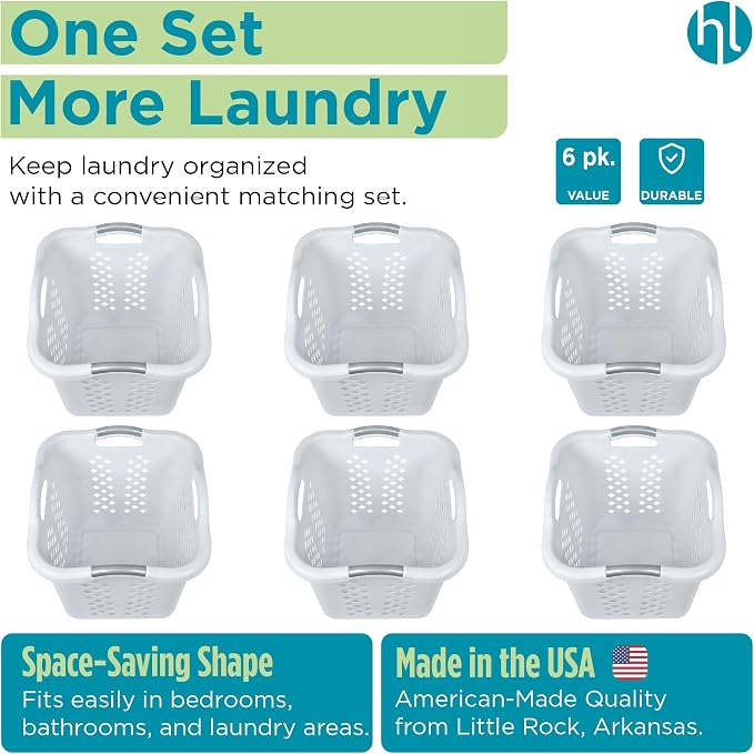 Home Logic 2 Bushel Plastic Laundry Basket Lamper, Large Laundry Hamper with Handles, Ventilated Clothes Organizer for Bedroom Bathroom Closet, 6 Pack, White