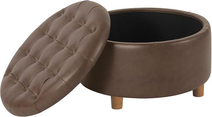 Homepop Home Decor | Button Round Storage Ottoman | Ottoman with Storage for Living Room & Bedroom, Brown Faux Leather
