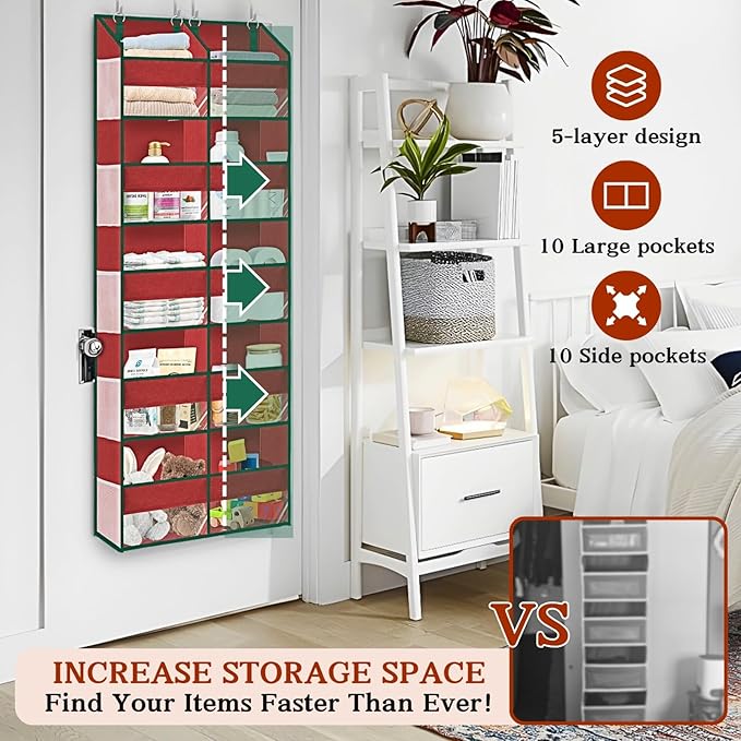 Over The Door Organizer 5 Tiers Extra Large Behind Door Storage of 10 | 80 lbs Weight Capacity Hanging Storage Organizer with Clear Window Kids Toys, Shoes, Diapers, Red
