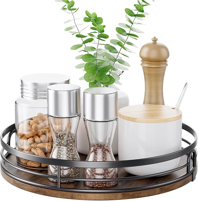LAMU 10'' Lazy Susan Turntable Organizer for Cabinet, Round Wood Lazy Susan for Table Top, Countertop, Kitchen, Pantry, Spice, Bathroom Vanity, Decor