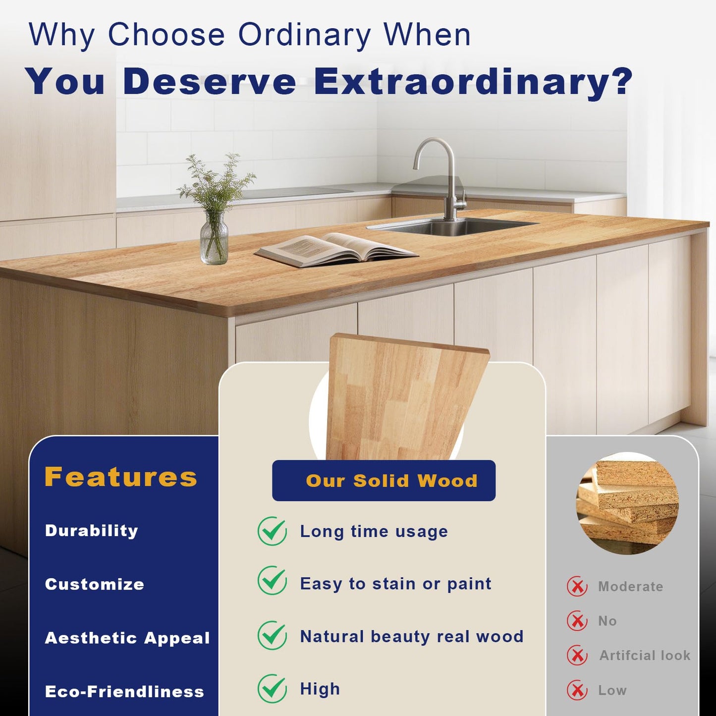 72 x 30in Solid Rubber Wood Butcher Block Table Top – 1 Inch Thick Natural Light Finish for Standing Desk, Office Table, Workbench, Kitchen Island & DIY Furniture Projects