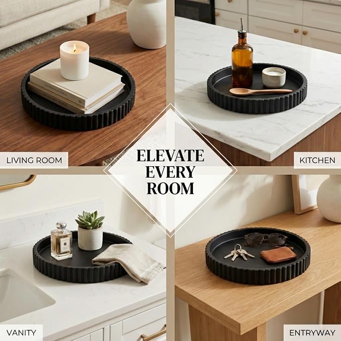 OAKOA Concrete Black Tray for Coffee Table - Round Black Decorative Tray for Table Decor - Bandejas Decorativas para La Sala - Coffee Table Centerpiece