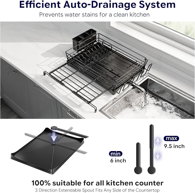 Simple Trending Dish Rack - Expandable Dish Drying Rack for Kitchen Counter, Large Capacity Dish Drainers, Stainless Steel Dish Strainer with Utensil & Cup Holders, Black