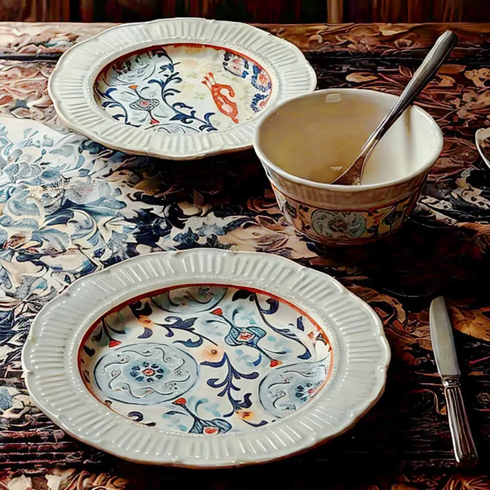 9 Inch Floral Porcelain Plates,Unique Embossed Flower Shape,Microwave & Dishwasher Safe, Artisan Hand-Painted Design for Steak,Salad,Dessert,Home & Restaurant Use