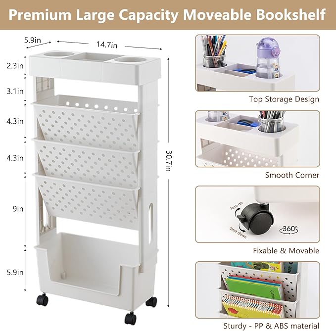 White Rolling Office Paper Organizer, Mobile Book Cart Document Folder File Storage with Pen Holder, Slim Rolling Storage Cart Movable Bookshelf for Office, Dorm, Classroom, Nursery