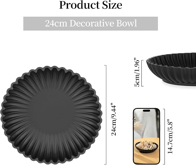 Hanobe Black Decorative Bowl Decor: Modern Ruffle Key Tray for Home Living Entryway Coffee Tables Centerpiece - Fruit Bowls for Dinning Kitchen Counter