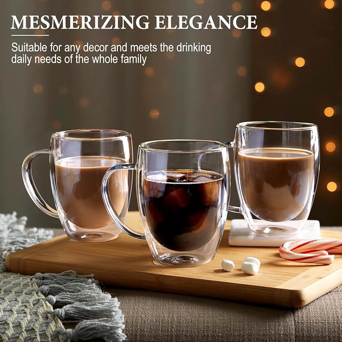Double Walled Glass Coffee Mugs Set of 4, 12.5OZ Hand Blown Insulated Clear Glass Coffee Cups with Handle,Perfect for Latte,Cappuccino, Espresso, American,Tea Bag, Beverage