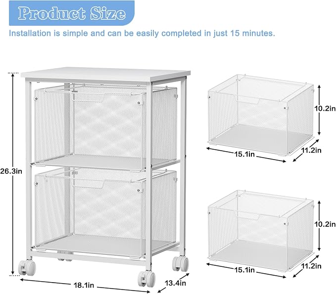 Sbanmao Letter/Legal Rolling File Cabinet, Rolling File Cart with 2 Drawers Filing Cabinet for Home Office, Hanging File Folders Organizer for Under Desk Storage, Mobile Printer Stand, White
