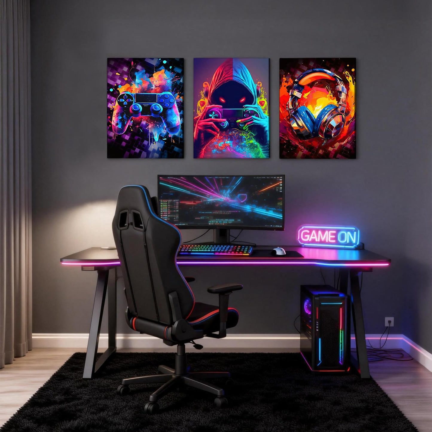 LYYGLYY 3Pcs Framed Cool Gaming Canvas Wall Art, Neon Video Game Printed Wall Art, Gamer Bedroom Artwork for Walls, Dazzling Headset Gamepad Poster Wall Decor for Gaming Room, Boys Room 12x16 Inches