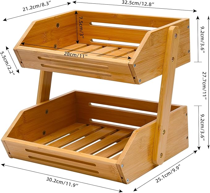 VIKEYHOME Fruit Basket, 2 Tier Bamboo Fruit Basket for Kitchen, 11" Tall Fruit Stand Storage Holder, Heavy Duty/Large Capacity for Vegetables, Fruit, and Snack, 15 mm Thickness (Self-assembly)