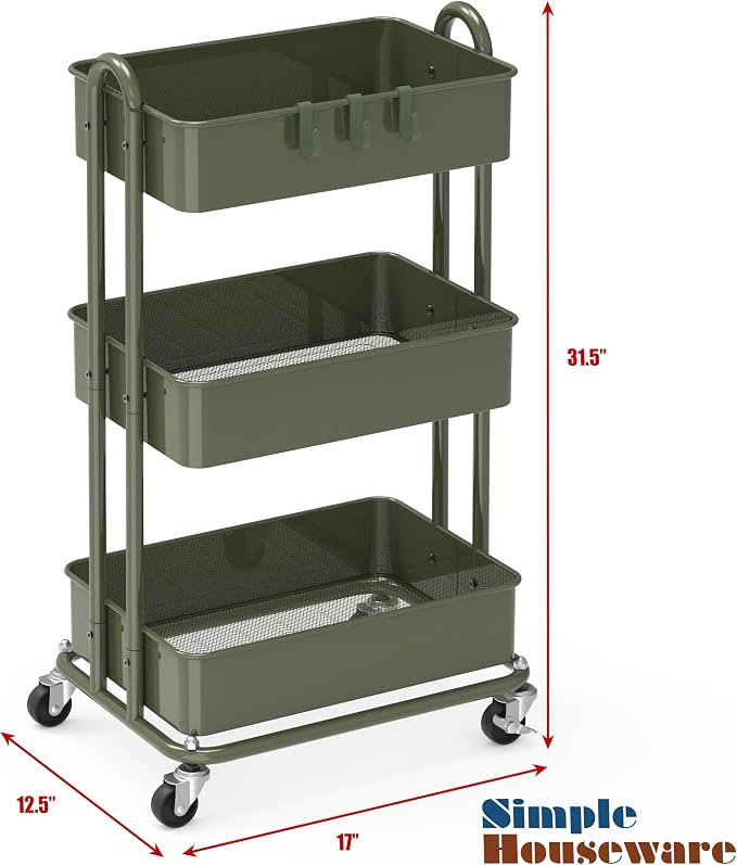 Simple Houseware 3-Tier Heavy Duty Metal Utility Rolling Cart, Army Green