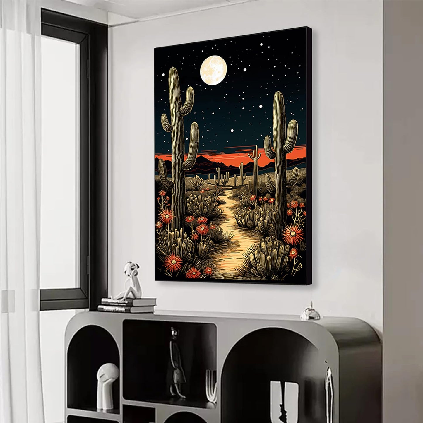 Desert Canvas Wall Art, Cactus Canvas Wall Art, Desert Pictures Print Decor, Landscape Pictures Decor, Western Painting, Living Room, Bedroom for Western Cactus Landscape (Black Framed, 23"x34"| 57x86cm)