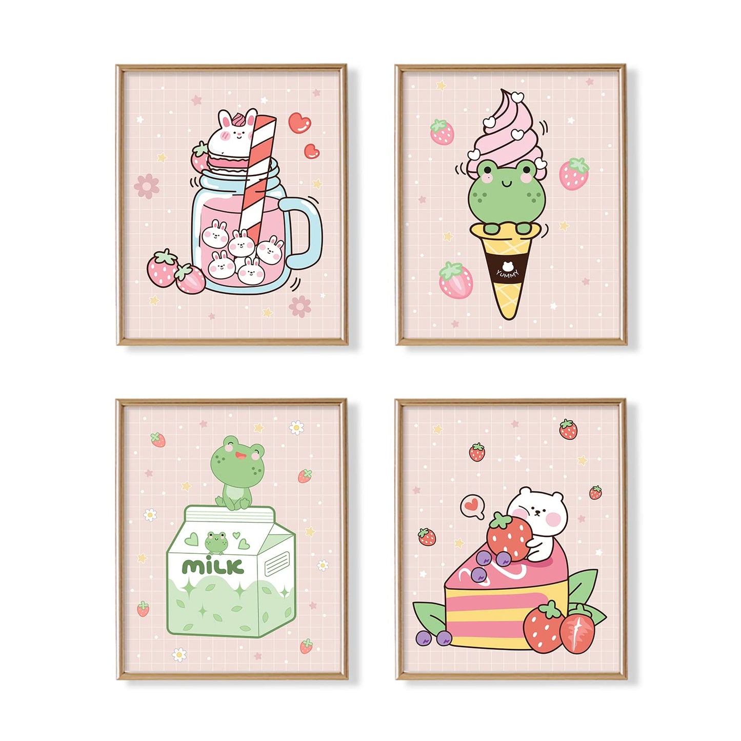 Kawaii Japanese Anime Wall Decor for Dining Room - Pink Cute Kitchen Room Decor - Aesthetic Rabbit Frog Strawberry Poster Print for Teen Girl Bedroom Wall Art - Kids Nursery Gifts - Apartment Pictures