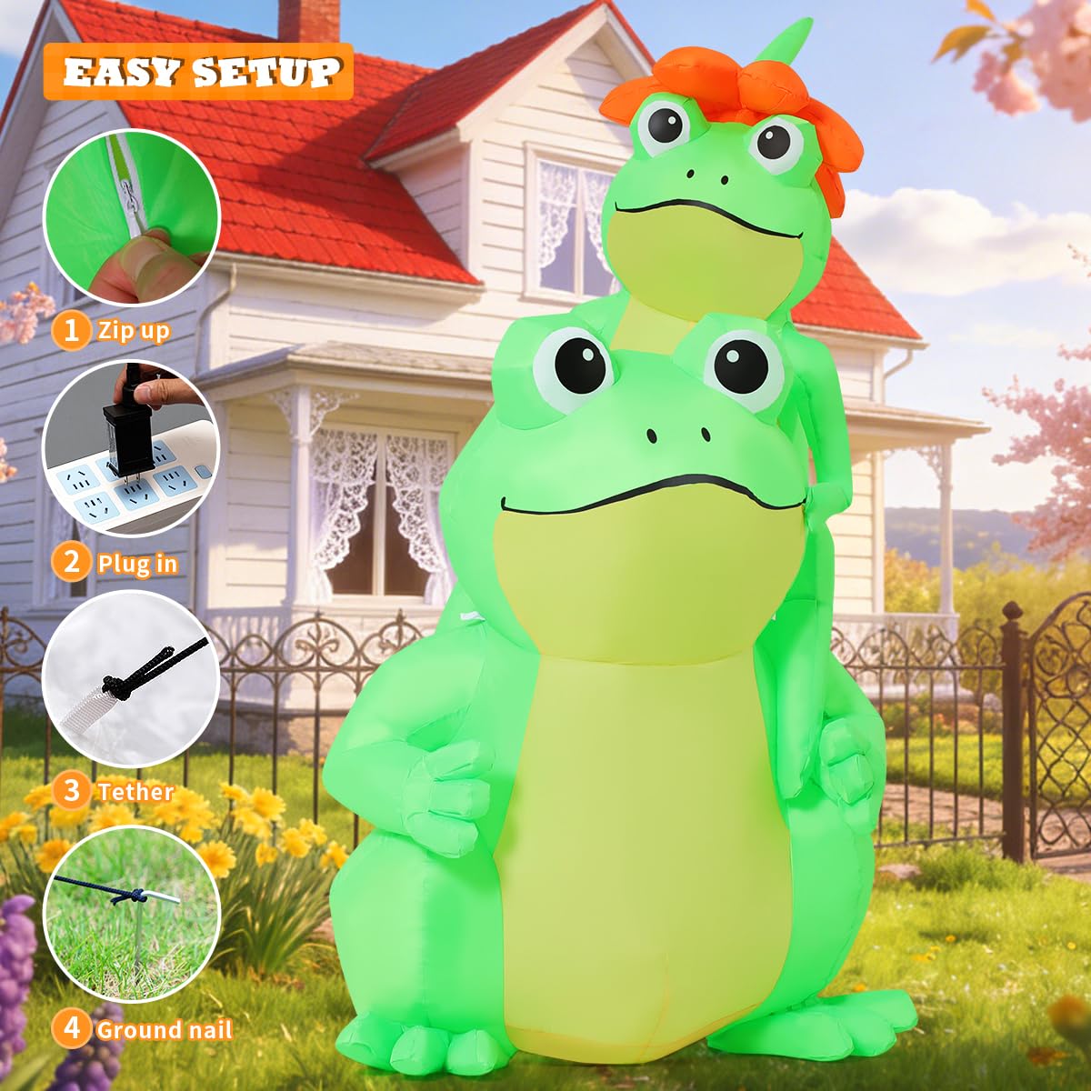 GOOSH 5 FT Summer Inflatables Frogs Decorations Blow Up Yard with Flower Built-in LEDs for Garden Lawn Indoor Party Decor