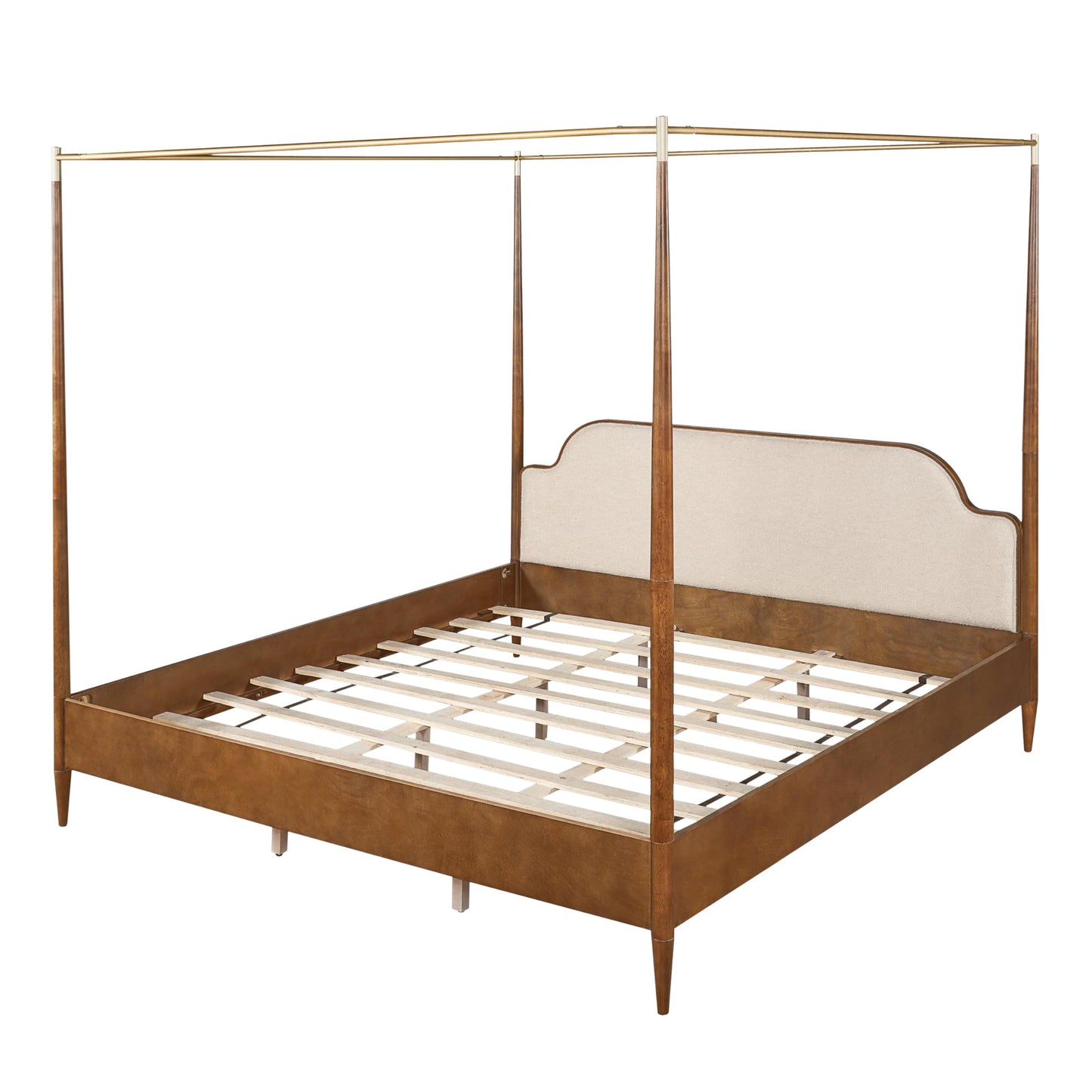 Christopher Knight Home Calos Canopy Bed Frame King Size with Upholstered Headboard, Solid Wood Four-Poster Platform Bed Frame, Wooden Slats Support, No Box Spring Needed, Easy Assembly, Brown