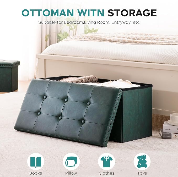 oakvivo Folding Storage Ottoman Bench, Leather Foot Rest Stools with Rivet Design, 15" D x 30" W x 15" H, Ottoman with Storage End of Bed Bench Footstool for Living Room Bedroom, Load 330 lb, Green