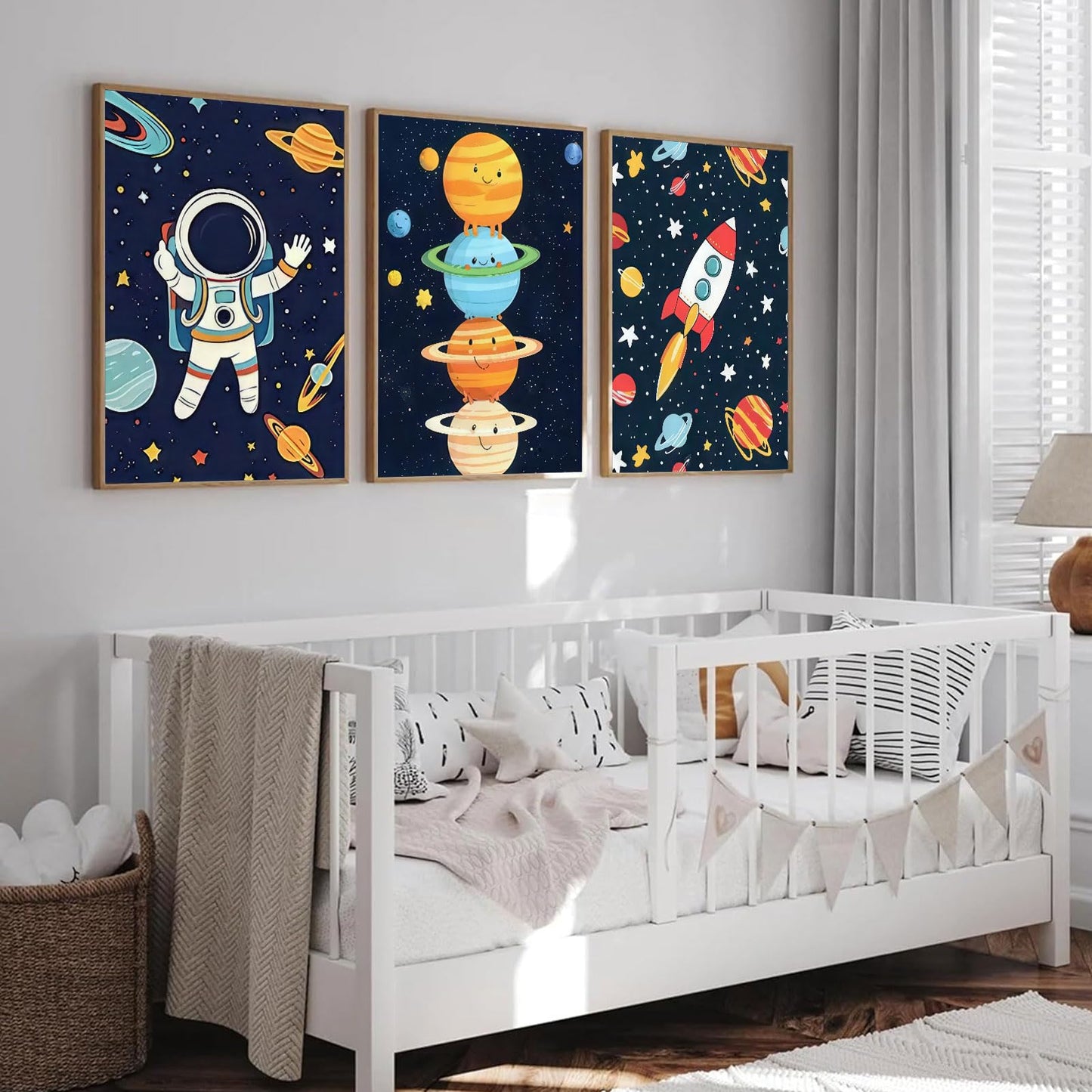 3Pcs Astronauts Nursery Wall Art Whimsical Outer Space Kid Decor Pictures Rocket Planet Posters Prints for Boys Room Girls Room Kids Room Decoration Unframed