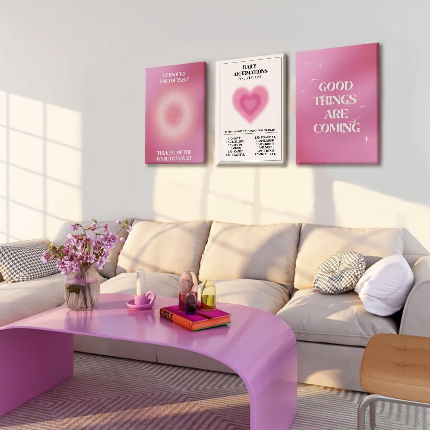 NCCXNCC 3-Pcs Pink Angel Digital Canvas Wall Art Daily Affirmations Wall Decor Painting Gradient Halo Artwork Aesthetic Poster Print Suitable for Apartments, Dormitories, Girls' Bedrooms 12x16 inch