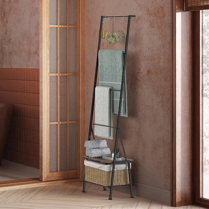 Blanket Ladder Towel Rack with Storage Shelf and Hooks, Decorative Scarf Rack, Throw Blanket Holder Ladder Shelves for Bathroom Living Room, Rustic Brown