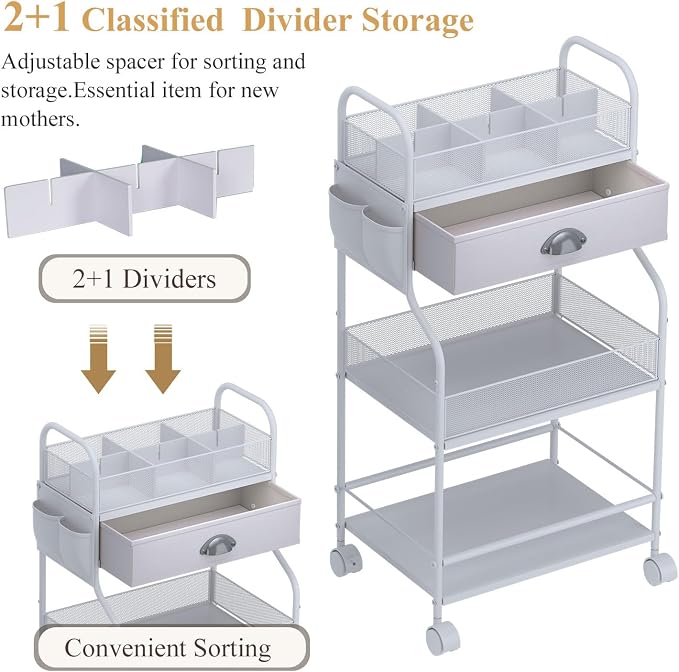 Baby Diaper Caddy Cart Organizer -3 Tier, Bedside Nursery Essentials Organizer & Storage Holder for Newborn Baby Stuff, 2+1 Dividers, 1 Drawer,Rolling Utility Cart for Bedroom,Changing Table, Crib.