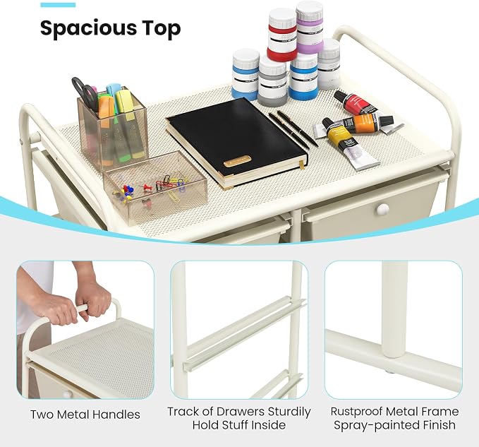 Giantex 10 Drawers Rolling Cart, Classroom Organizers, Storage Cart with Wheels, for Teacher Office Home School Supplies Tool Craft Art Paper, Ivory Color