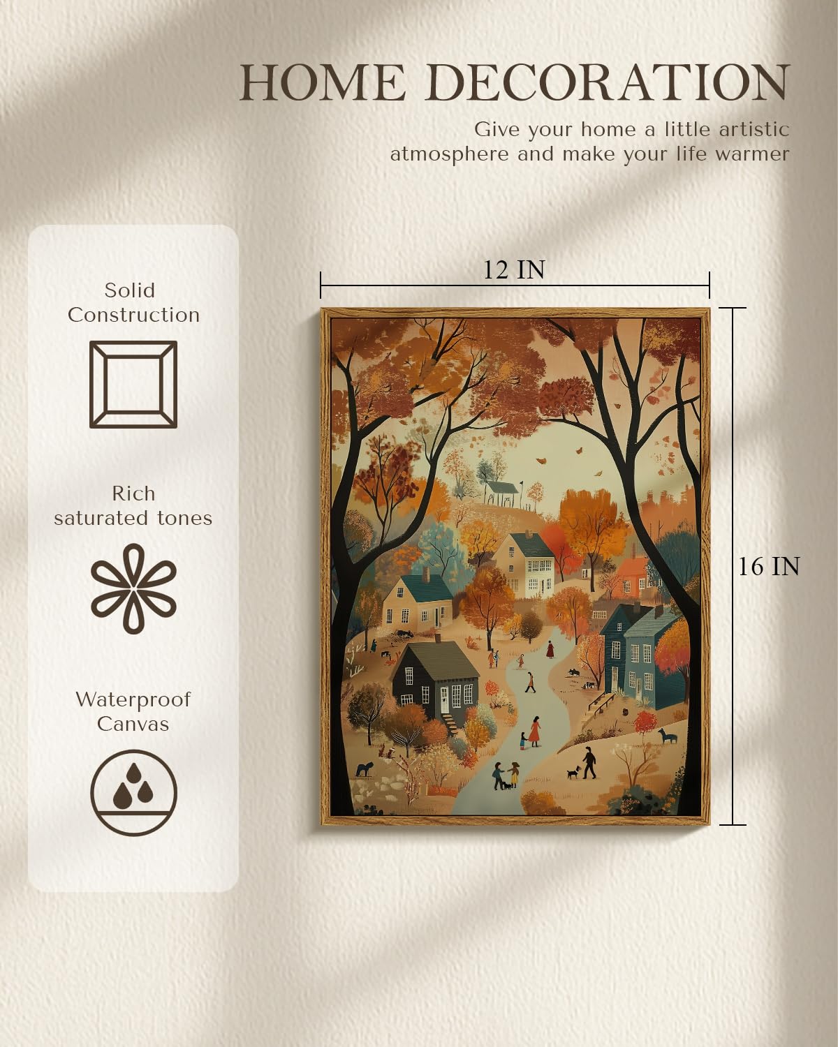 WHASAYART Autumn Cozy Village Landscape Scene 12x16 Framed Canvas Print, Rustic Fall Country Trees Wall Art with Warm Colors, Thanksgiving House Office Entryway Seasonal Decor