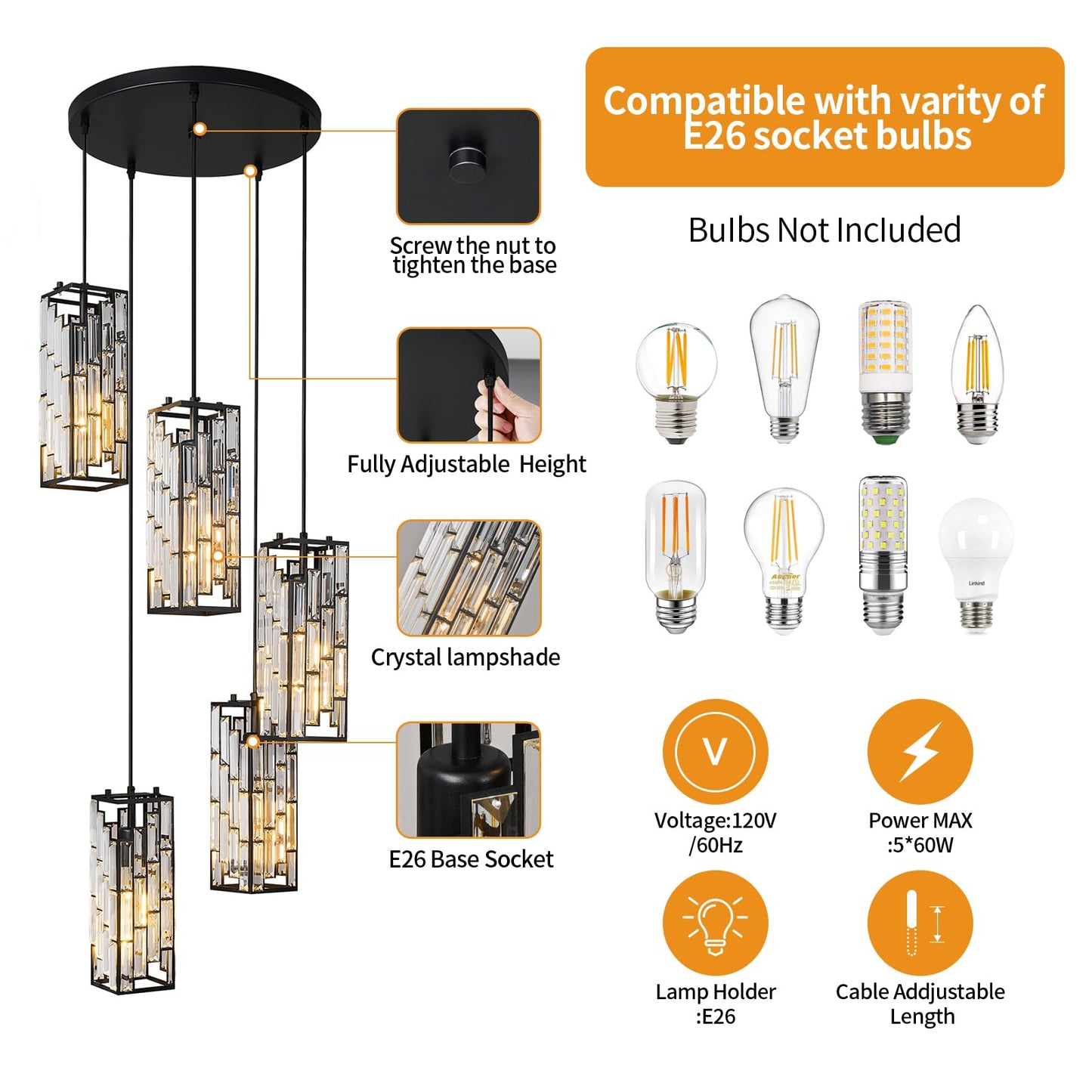 FDPBY Black Pendant Lighting Modern Pendant Light, Mini Crystal Chandeliers,Adjustable Pendant Light Fixture for Kitchen Island Dinning Room Bedroom (5 Light)