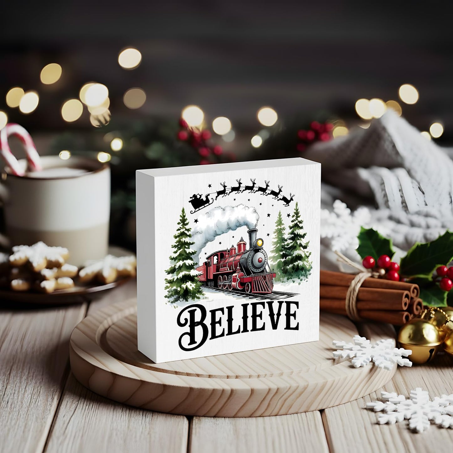 WIKERL Merry Christmas Wooden Box Sign Plaque, Santa Sleigh Decor Believe in Tree Wood Block Sign, Train Winter Holiday Decoration for Home Office Desk Table Shelf Wall