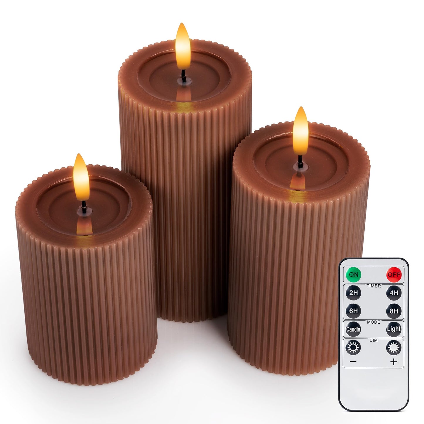 WYZworks Fluted Ribbed LED Pillar Candles, Brown, with Realistic Reflective Melted-Wax Effect – Flickering Flame, Remote, Dimmable, Flameless, Battery Operated, Home & Wedding Decor (Set of 3)