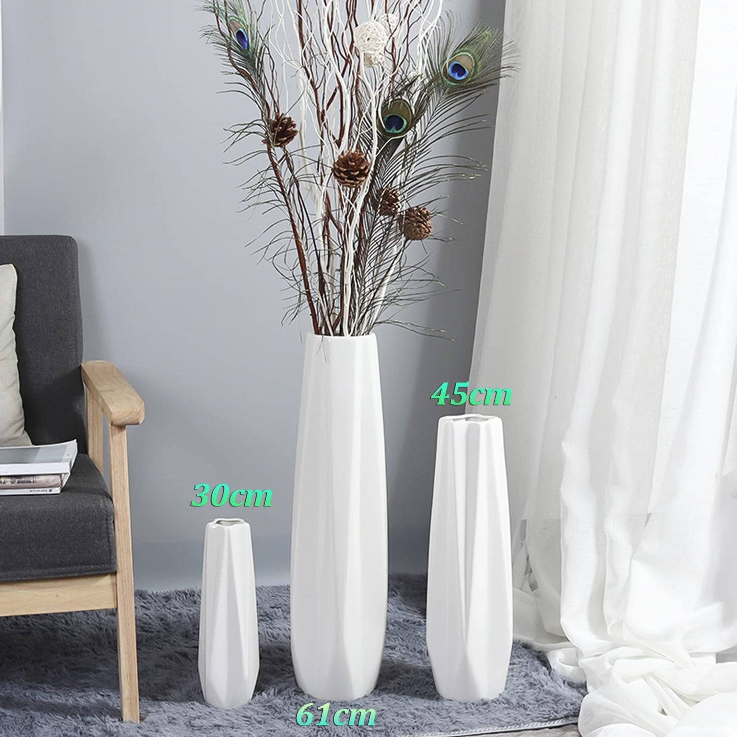 sdneNest Floor Vase Ceramic Vase,Decorative Large,Floor, Large Floor Vase,White Ceramic Vase,Handcrafted,Sophisticated Vessel for Decorative Branches and Dried Flower,White-61cm