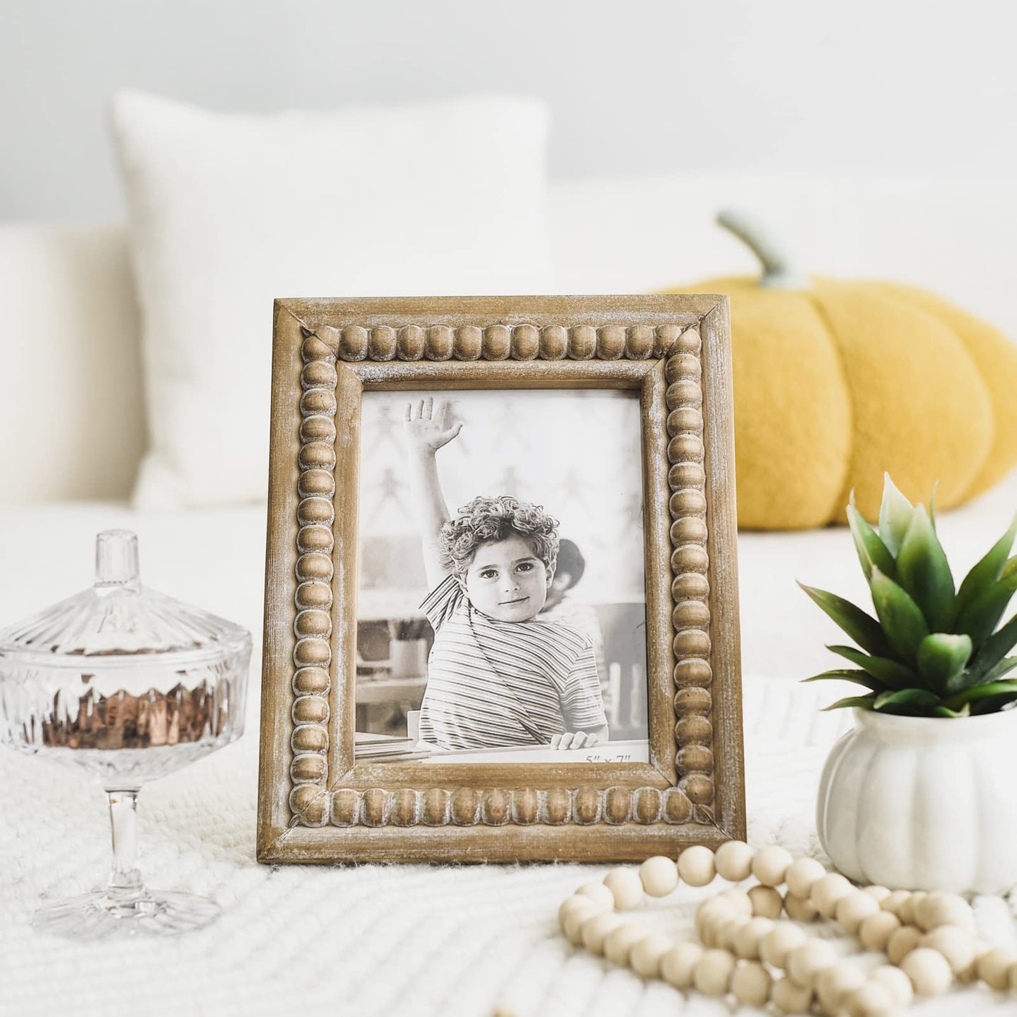 MACVAD Large Rectangular Natural Wood Picture Frame With Decorative Beads- Perfect for 5X7 Single Photos - Farmhouse Gift Idea for Family and Friends