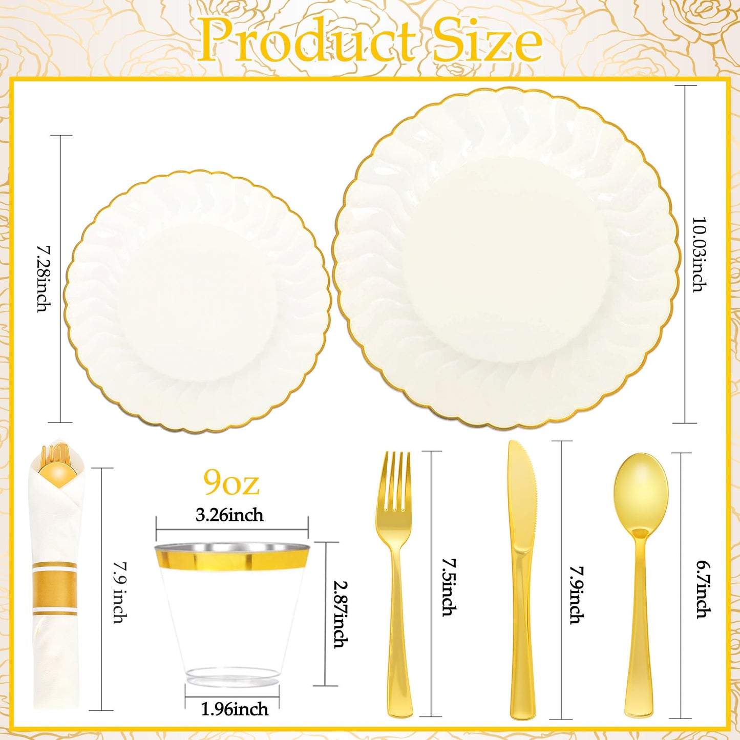 210 Pcs Ivory Scalloped Plastic Dinnerware for 30 Guests,Cream Gold Scalloped Disposable Plastic Plates Including 30 Dinner&Dessert Plates,Cups,Silverware for Party,Wedding